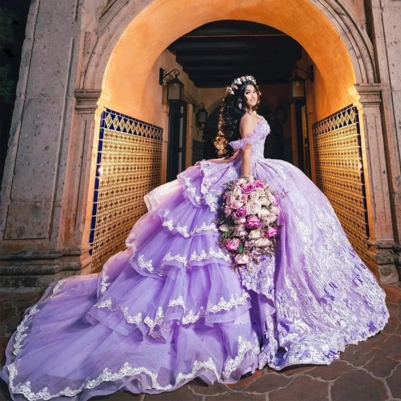 

Lavender Princess Quinceanera Dresses Off Shoulder 3D Floral Applique Gillter Sequins Lace-up Corset Prom Vestidos 15 años rosa
