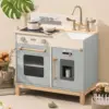 Robotime Play Kitchen for Toddlers Wooden Play Kitchen with Real Lights Sounds Ice Cube Dispenser Gift for Ages 3+ Blue White 4