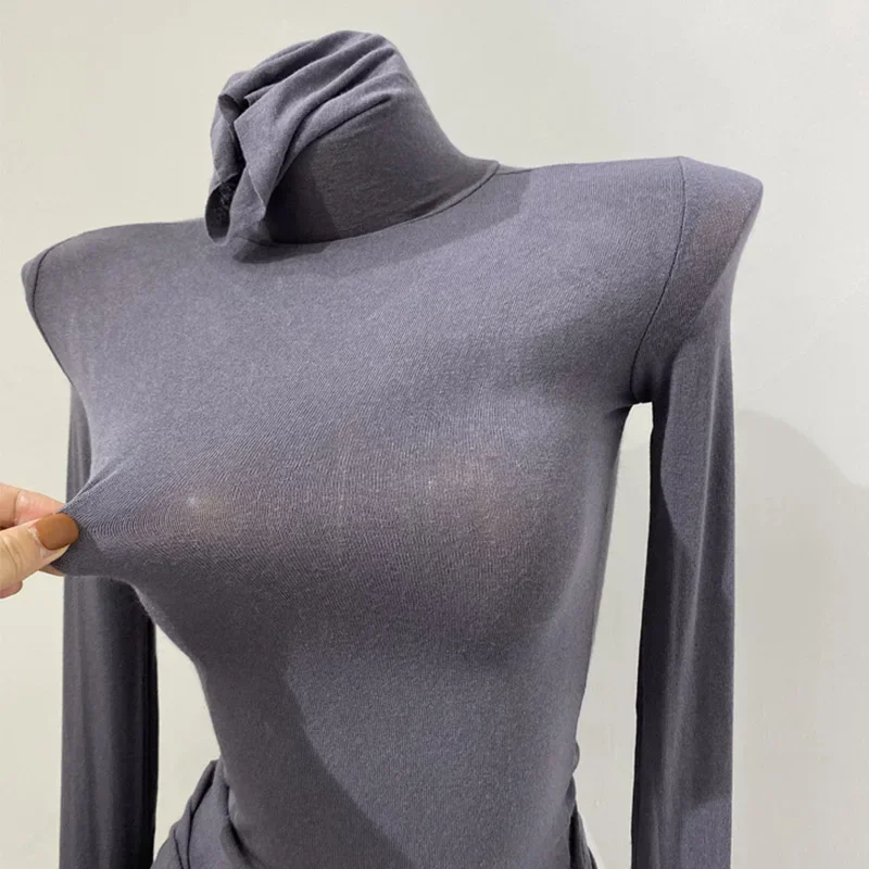 Thin Soft American Long Sleeve T-shirt High Stacked Neck Tight Perspective Bottom Shirt Women's Slim Fit Tops Sexy Streetwear