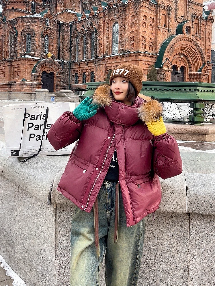 

Женский пуховик с капюшоном и мехом енота, зимняя короткая пуховая куртка на 2023 утином пуху, парка-пуховик, 90%