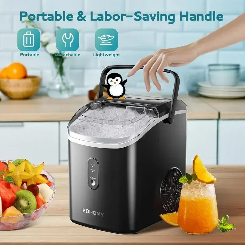 EUHOMY Portable Nugget Ice Maker Countertop with Handle, Ready in 6 Mins, 33lbs/24H, Removable Top Cover, Auto-Cleaning