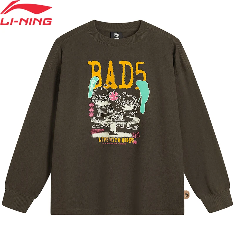 Li-Ning Men BADFIVE Basketball Sweatshirt Loose Fit Cotton Long Sleeve O-Neck Comfortable Tops Pullover AWDU507