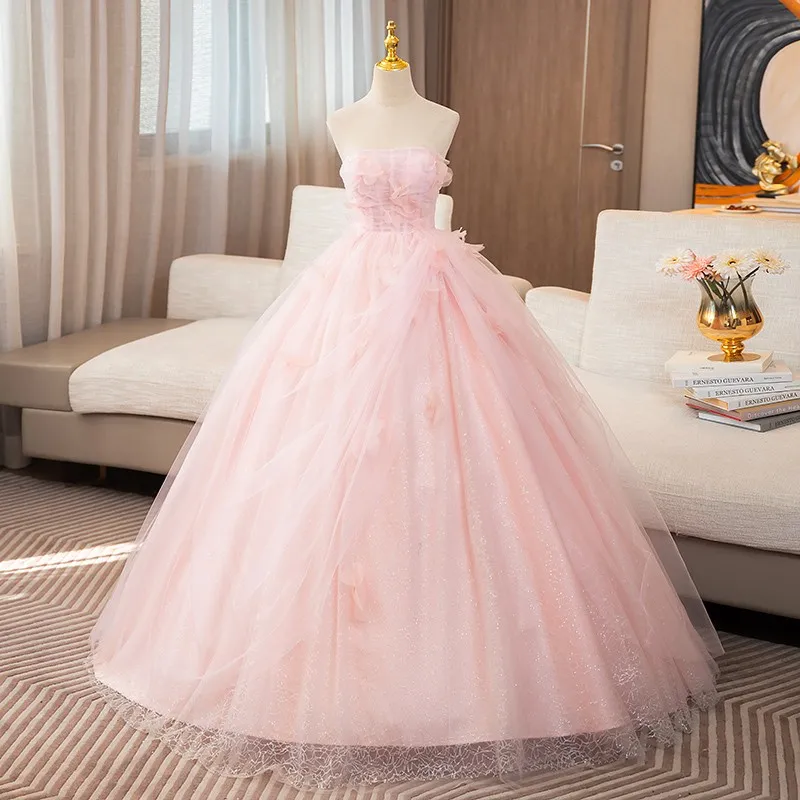 

Sweet Pink Quinceanera Dresses Sexy Strapless Backless Puffy Prom Dress For Women Elegant Simple Long Tulle Ball Gowns