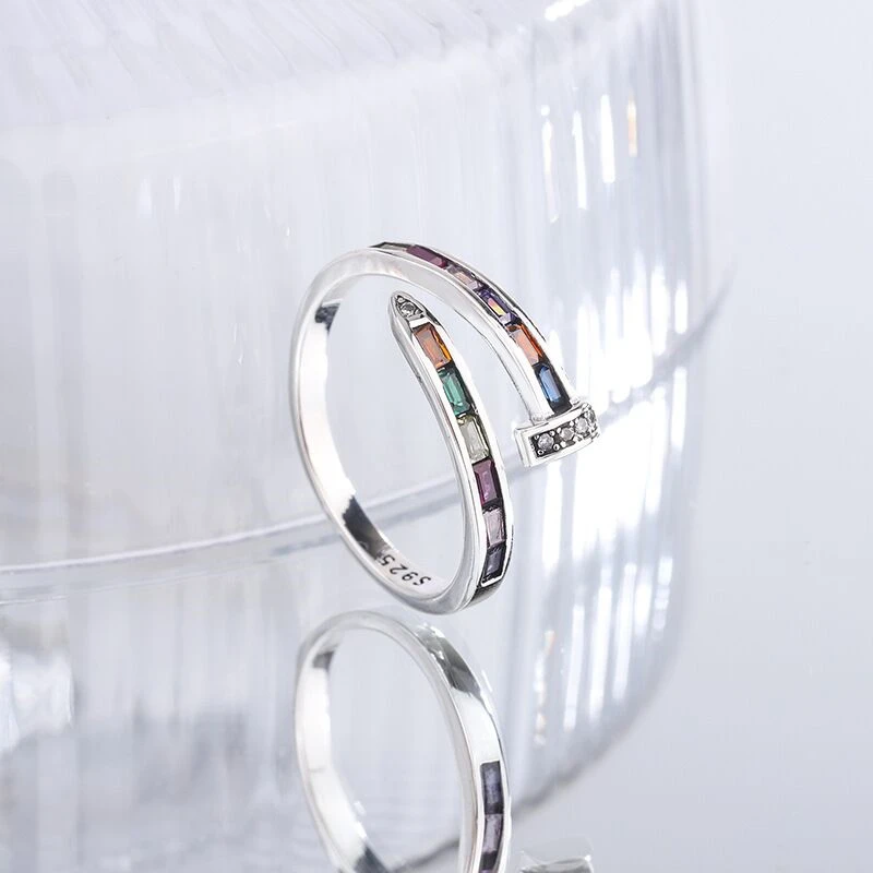 

S925 Sterling Silver Rainbow diamond nail ring Female Minority zircon open ring high sense versatile holiday gift