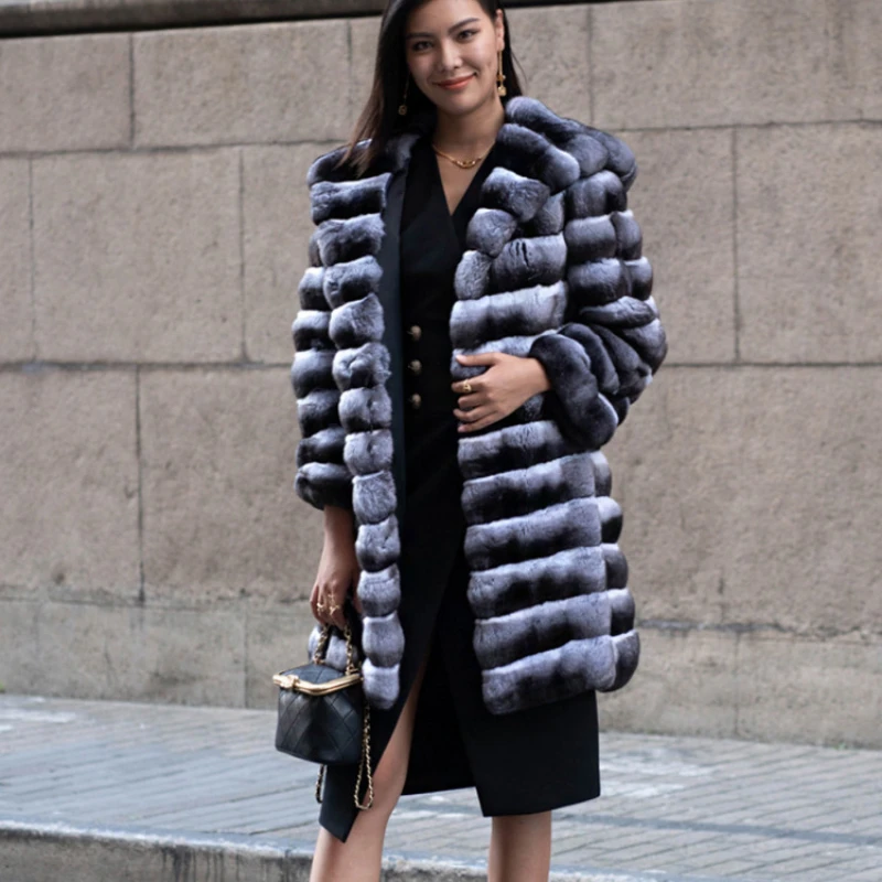 Winter Thick Warm Hooded Mid-Length Faux Fur Coat Women Fluffy Jacket Striped Luxurious Branded Fur Coat Long Sleeve Mink Coats