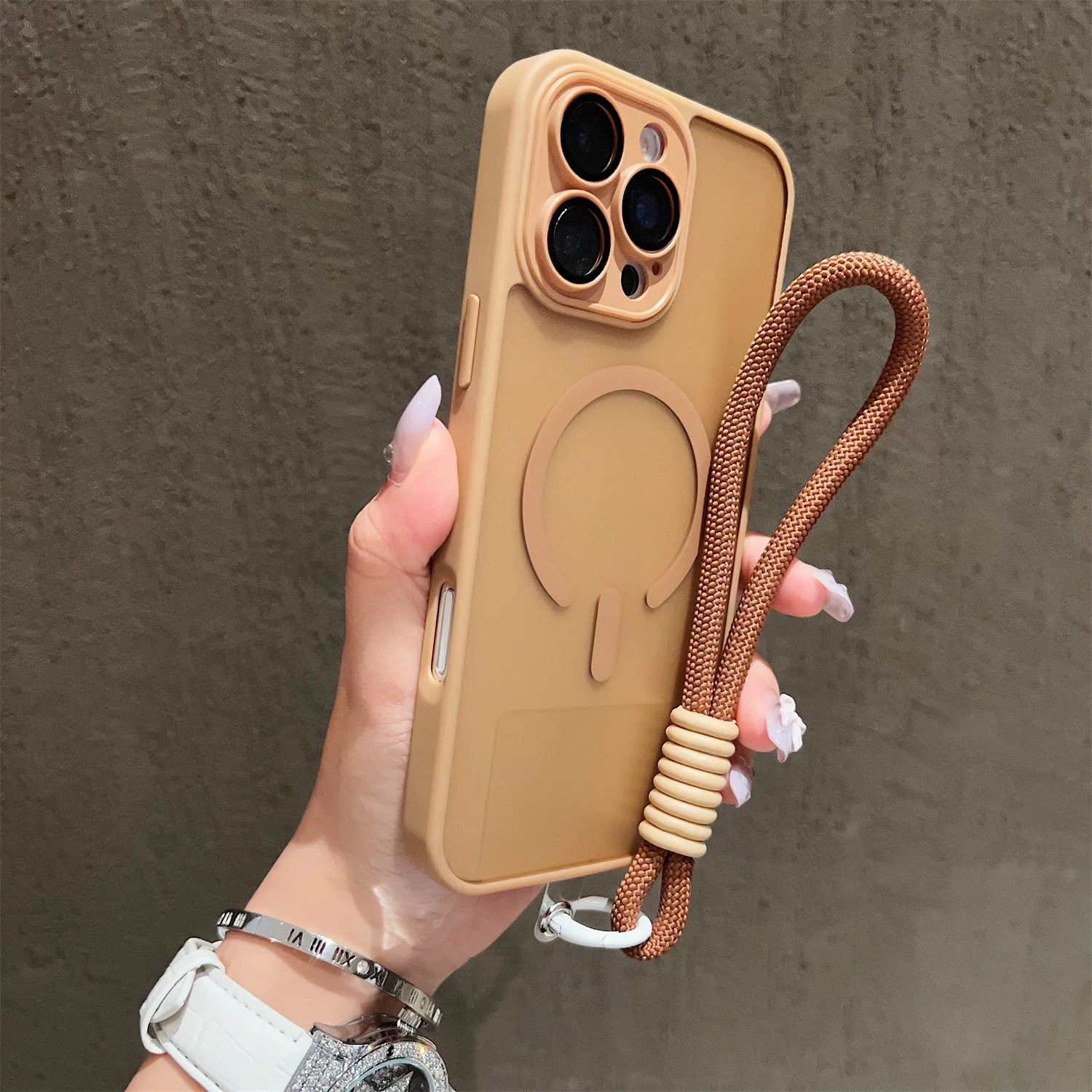 Magnetic Lanyard Wrist Strap Case with Shockproof Matte Bumper Cover and Clear Magsafe Design