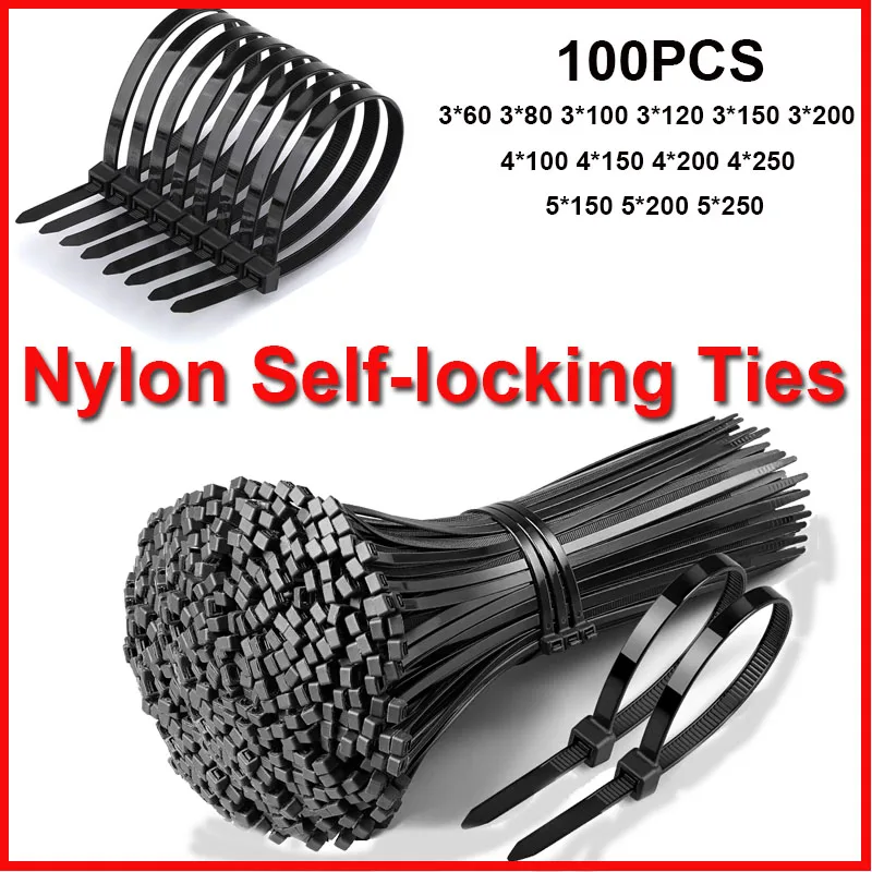 Nylon Cable Ties Self-locking Cord Ties Straps Adjustable Cables Fastening Loop 100Pcs Home Office Wire Zip