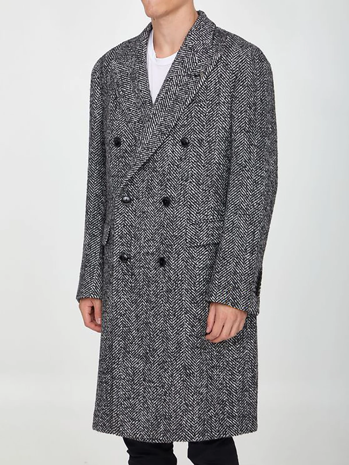 Herringbone Woolen Men Suit Tailor-Made One Piece Men Blazer Black Overcoat Double Breasted Groom Business Causal Prom Tailored