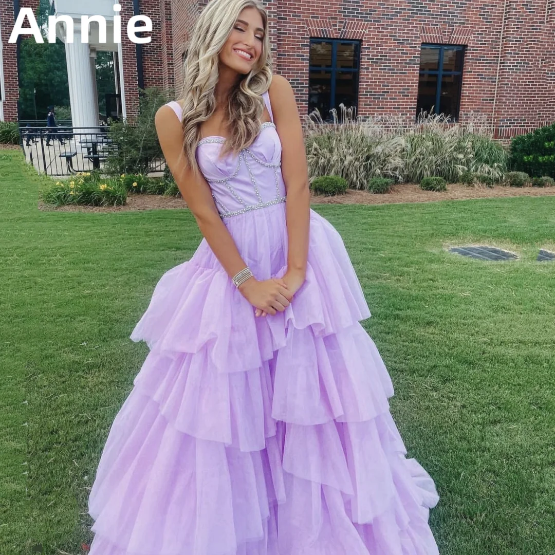 

Annie Shiny Spaghetti Straps Prom Dress A-shaped Formal Occasions Evening Dress Light Purple Tulle Multi-layer Party Dress