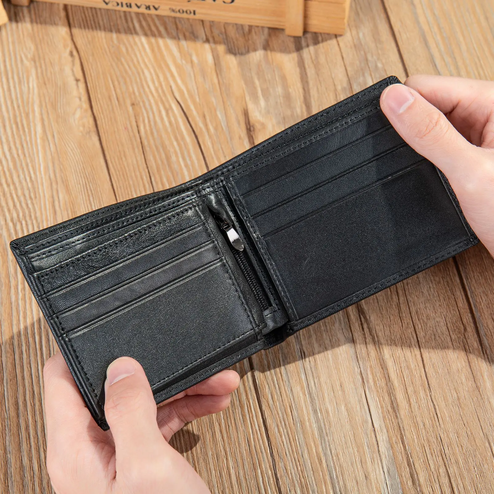 Men's Wallet Handmade Wallet Men's Cowhide Leather Leather Dollar Straw Pattern Card Bag Multi Card Position Men's Leather Bag