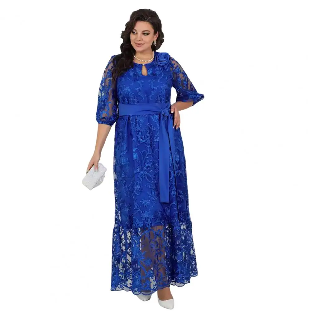 

Women Dress See-through Lace Hollow Out Double-layered Belted Waist Round Neck Three-quarter Sleeves Embroidery Dress