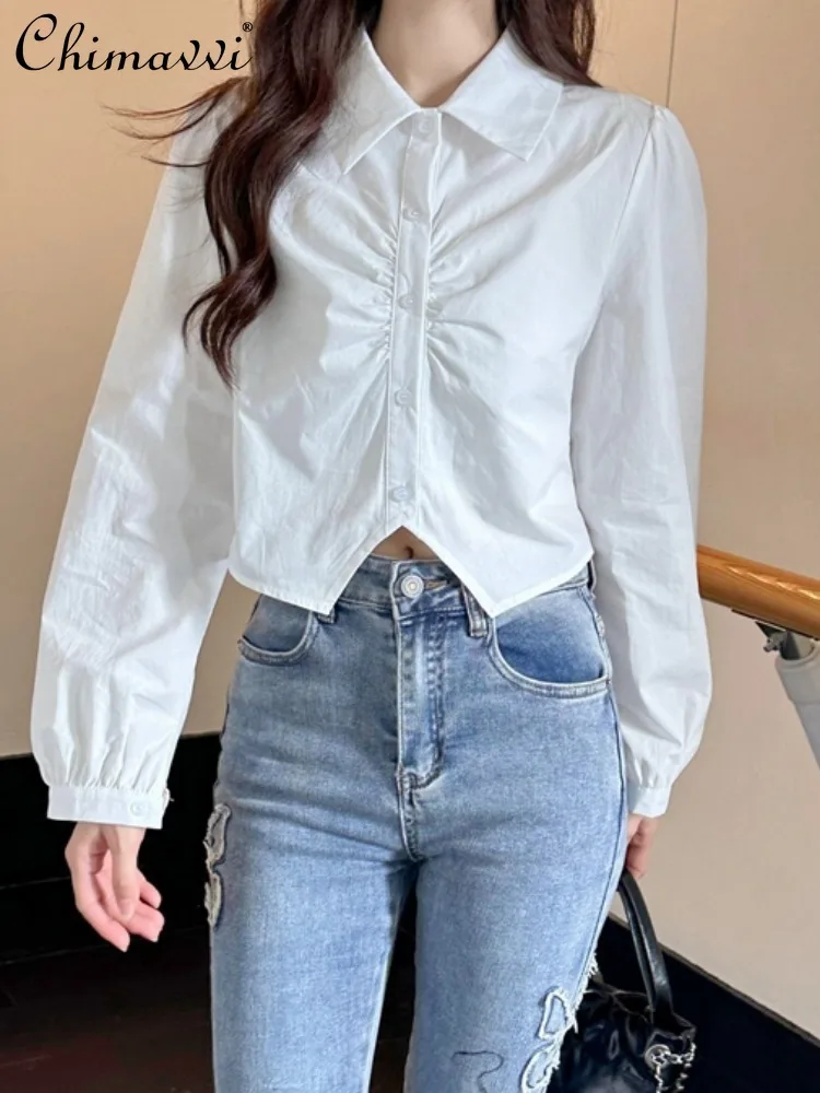 

Korean Style Hot Girl Solid Color Polo Collar Long Sleeve Women's Shirts Spring Fashion Irregular Short Single-Breasted Shirts