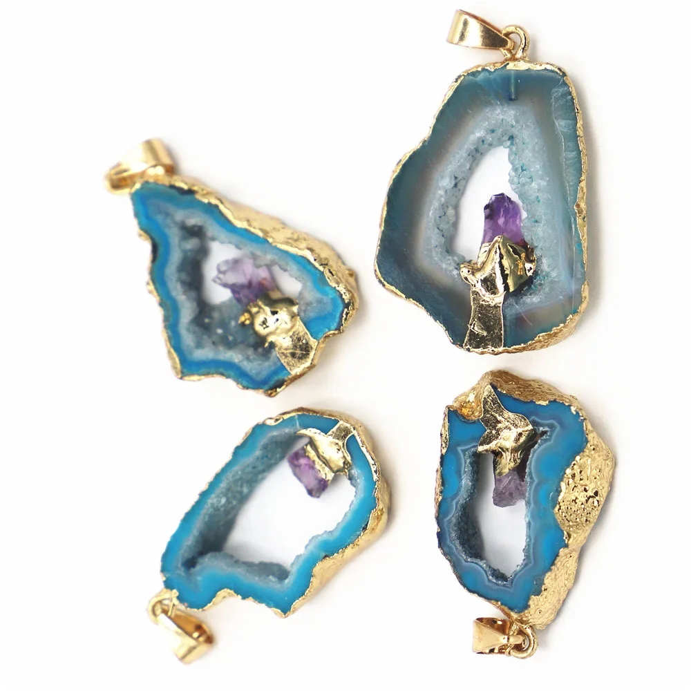 Natural Raw Stone Irregular Agate Geode Pendant Dazzling Slice Inset Amethyst Necklace DIY Jewelry Accessories Wholesale 3Pc/Lot
