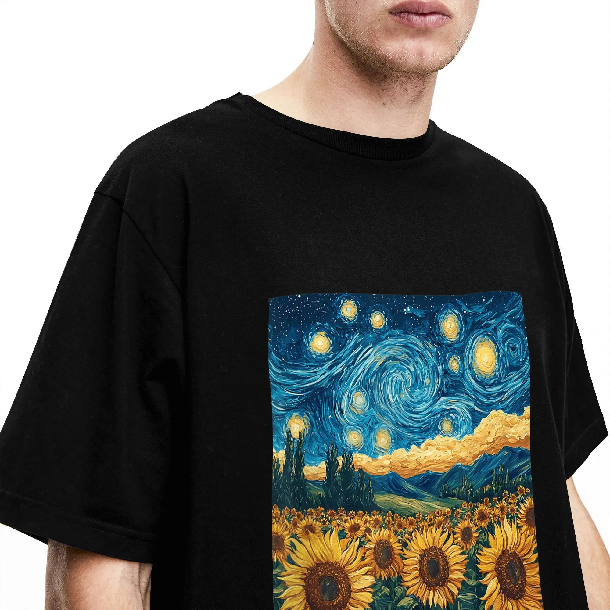 Van Gogh Starry Night Sunflower Graphic Vintage Cotton T-Shirt
