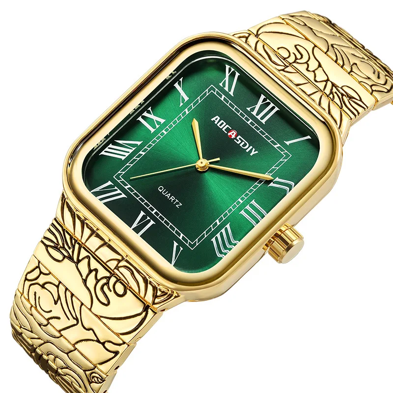 

Luxury Men Watch New Gold Green Dial Men's Quartz Wristwatch Laser Engraved Band Male Reloj Rectangle Roman Numerals Man Clock