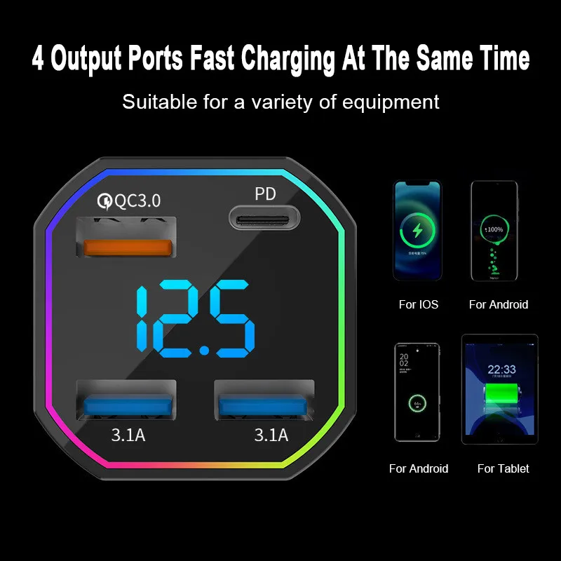 Car Charger 4 Port PD QC3.0 Fast Charge