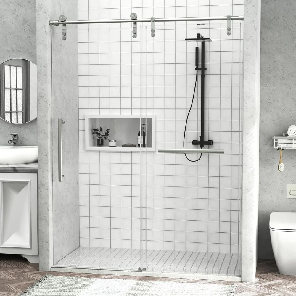Shower Door, 56-60 in. Wide,Clear Tempered Glass and Seal with Handle and Stainless Steel Hardware,Frameless Sliding Shower Door 2
