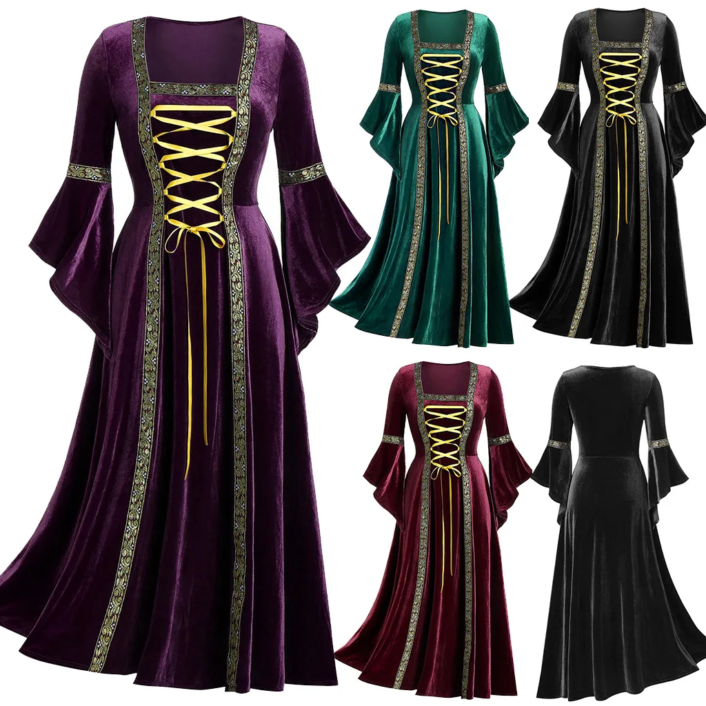 

Medieval Renaissance Cosplay Vintage Gothic Bandage Women Dress Flare Sleeve Floor Length Goth Vampire Witch Dresses S-XXL