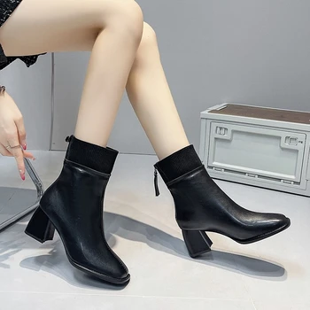 أحذية شتوية مريحة بمقاسات كبيرة، أحذية عمل كاجوال عصرية برأس مربع من الجلد وكعب مربع للنساء 5