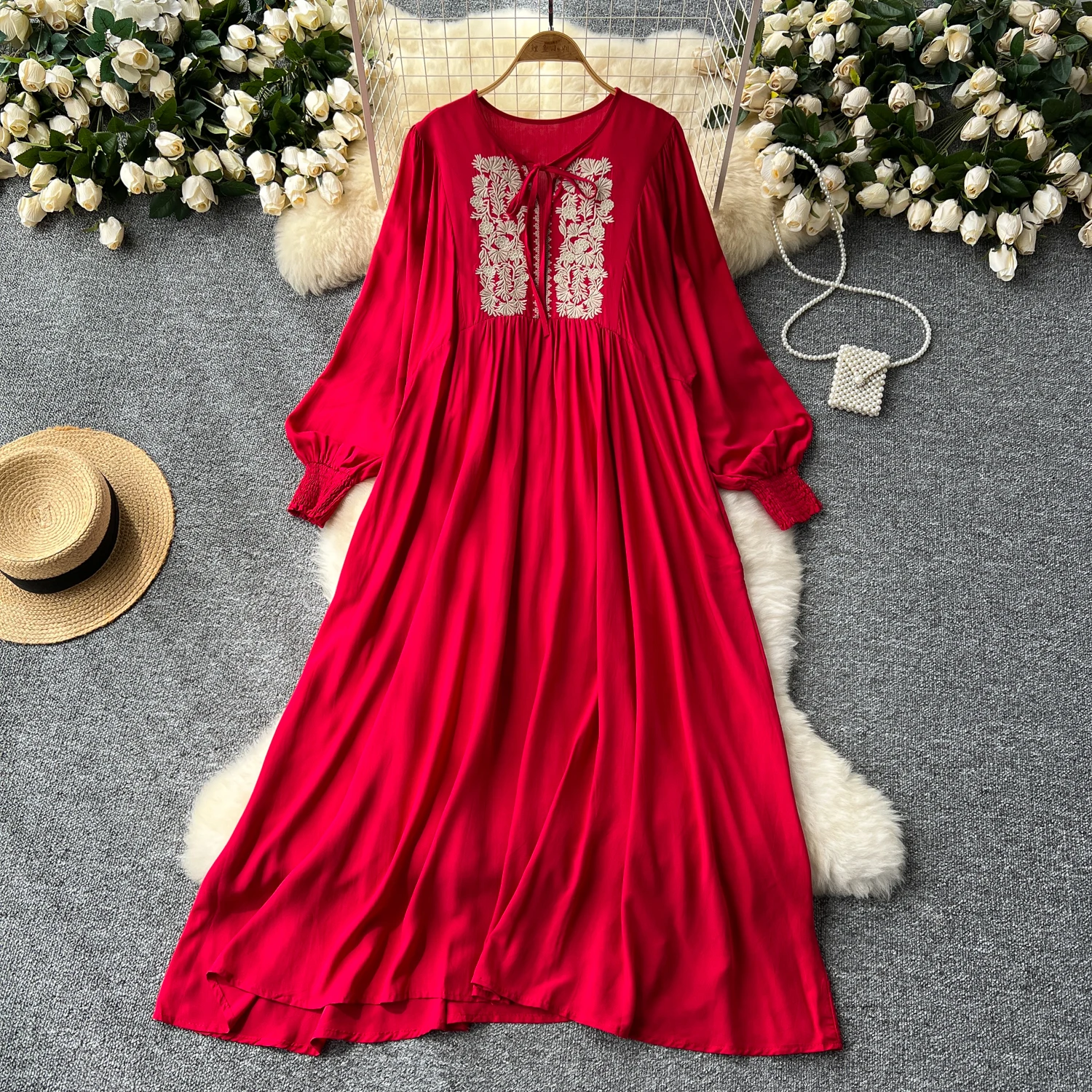 chinese dress ladies Loose Lace Up Off Shoulder Long Sleeves Mesh Mini Dress – Bosom Blouse main image 0