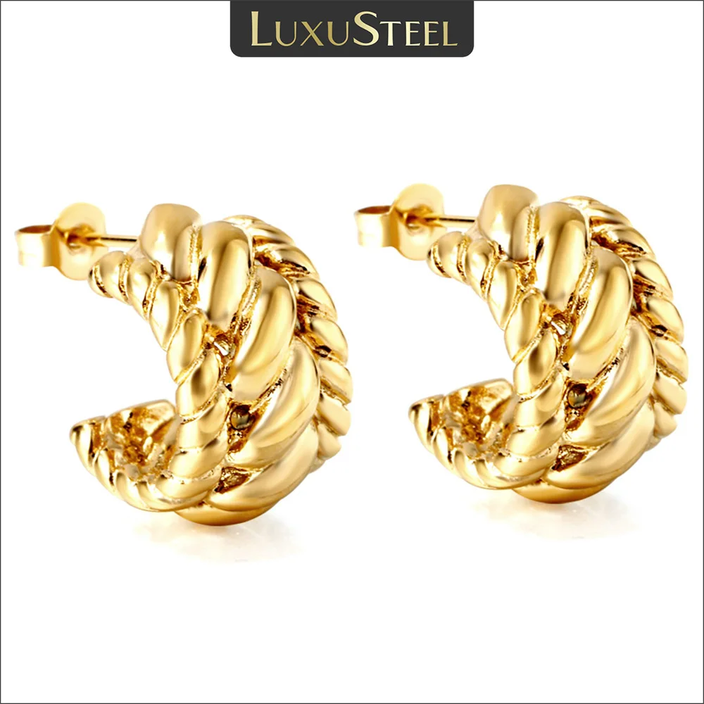 LUXUSTEEL 2023 트위스트 C자형 후프 귀걸이, 여성용 골드 컬러, 스테인레스 스틸, 트렌디 한국 스터드 귀걸이, 쥬얼리 선물