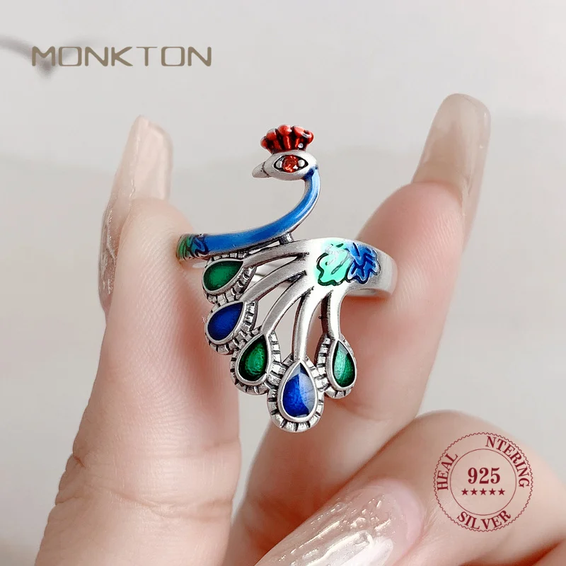 Monkton Wholesale 925 Sterling Silver Color Peacock Rings for Women Jewelry Live Burn Blue Craft Phoenix Animal Ring 2023 Trend