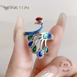 Monkton Wholesale 925 Sterling Silver Color Peacock Rings for Women Jewelry Live Burn Blue Craft Phoenix Animal Ring 2023 Trend