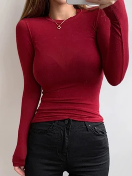 تي شيرت الكورية نمط سليم تي شيرت 2025 مثير بلايز قميص قطني بكم طويل الصيف بلايز لينة رقيقة شفافة تي شيرت فام الأبيض