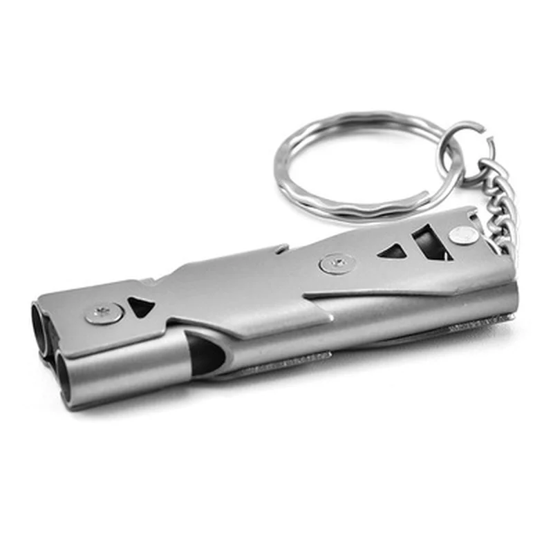 Outdoor EDC Survival Whistle High Decibel Double Pipe Whistle Stainless Steel Alloy Keychain Cheerleading Emergency Multi Tool