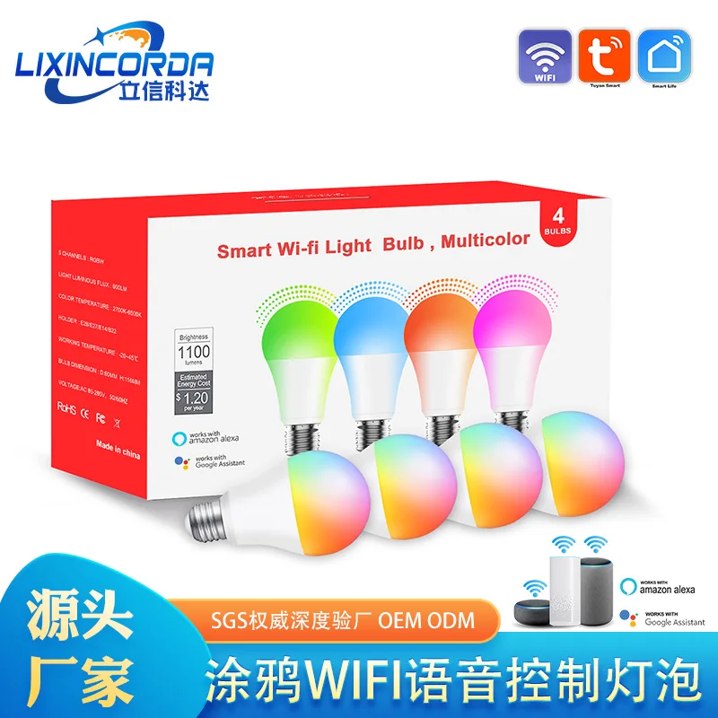 LED Bulb Graffiti Smart Light, Voice Control, Dimming and Color-Changing, WiFi, Bluetooth, A70 Bulb, RGBW LEDs, 9W