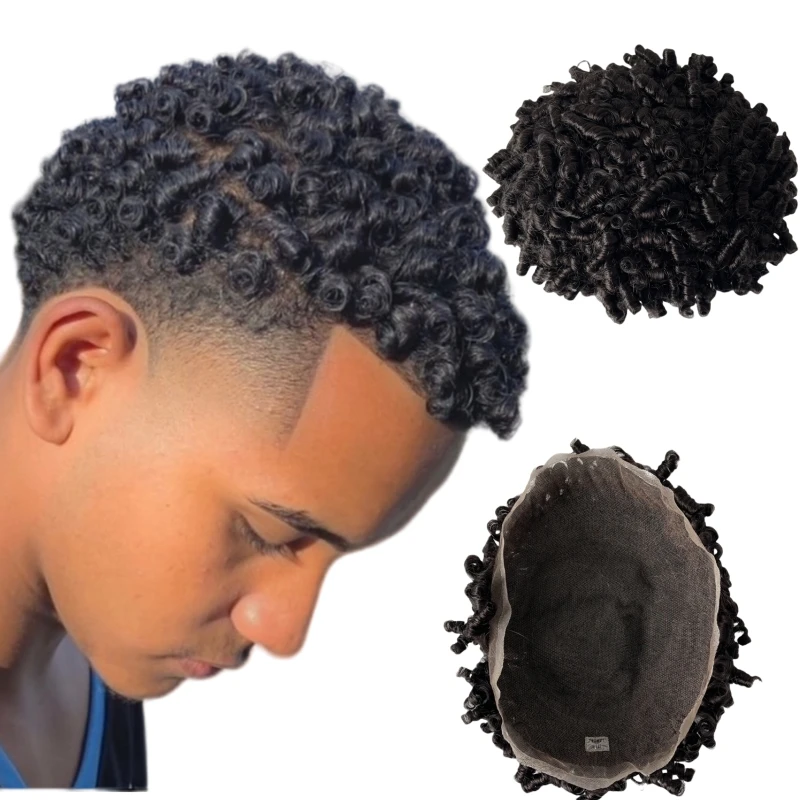 Mongolian Virgin Human Hair Hairpieces #1b Black 15mm Curl Full Lace Toupee 8x10 Male Unit for Black Men