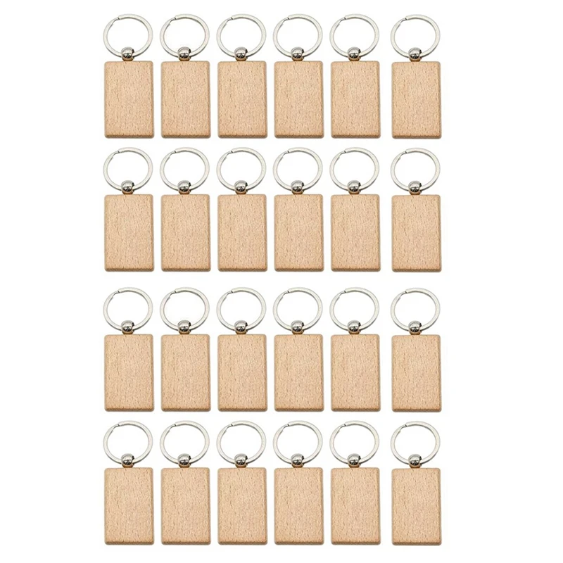24 Pcs Blank Wooden Key Chain Rectangle Key Chain Tags Wood Keychains Ring For DIY Craft