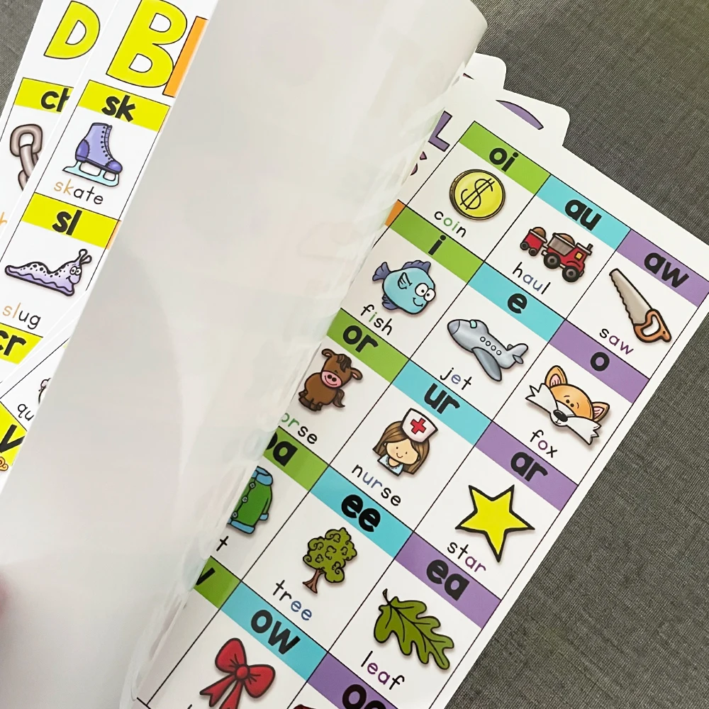 4Pcs/Set Children English Phonics A4 Posters Alpphabet Vowel Blends Digraphs Learning Chart Classroom Decoration Teaching Aid 5