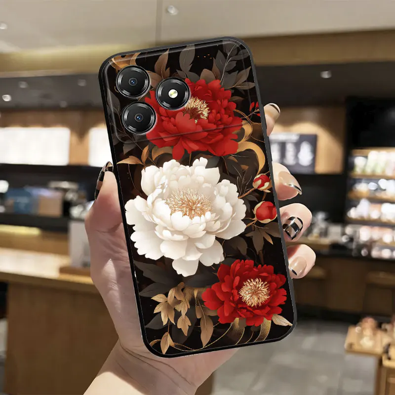 Floral Print Black Silicone Protective Phone Case
