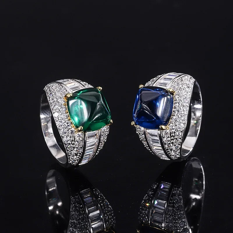 S925 Imitation Silver Colorful Treasure Jade Blue Treasure Sugar Tower Full Set Ring Main Stone 10 * 10 Wedding Ring