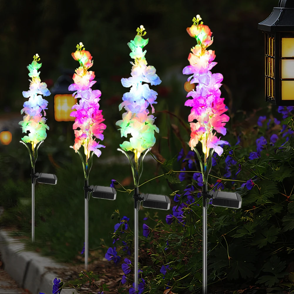 태양열 정원 조명, 다채롭고 따뜻한 빛, 태양 Delphinium 꽃 조명, 두 가지 조명 모드, 마당 장식 및 어머니 선물, 2 개, 4 개