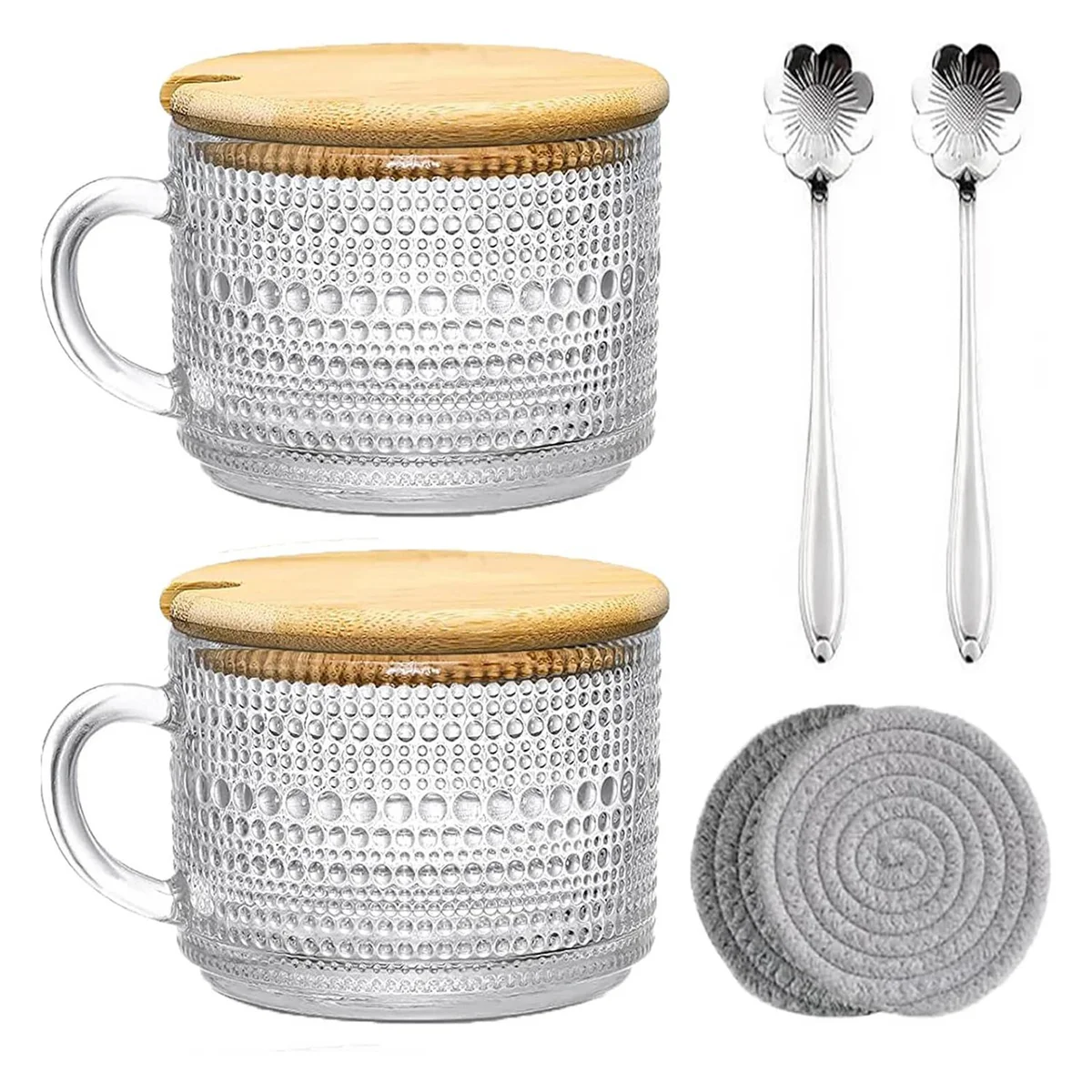 

Vintage Coffee Glass Mugs Set of 2, Glass Coffee Tea Cups with Bamboo Lids, Coaster and Spoons,15Oz Clear Embossed A