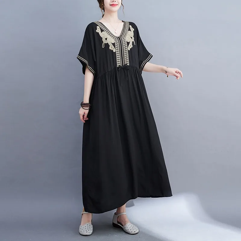 

Embroidery Chinese Style Women's Dresses New Cotton Linen Short Sleeve Summer Women Vintage V-neck Loose Clothing YCMYUNYAN