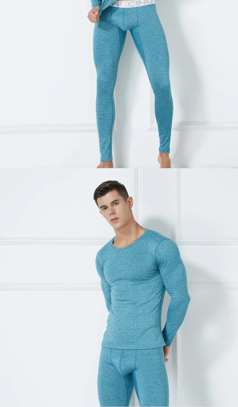 Set Autumn Winter Thermal Underwear Men's Round Neck Plush Thickened Warm Underwear Youth Tight Fashion Clothe Top and Pant Suit