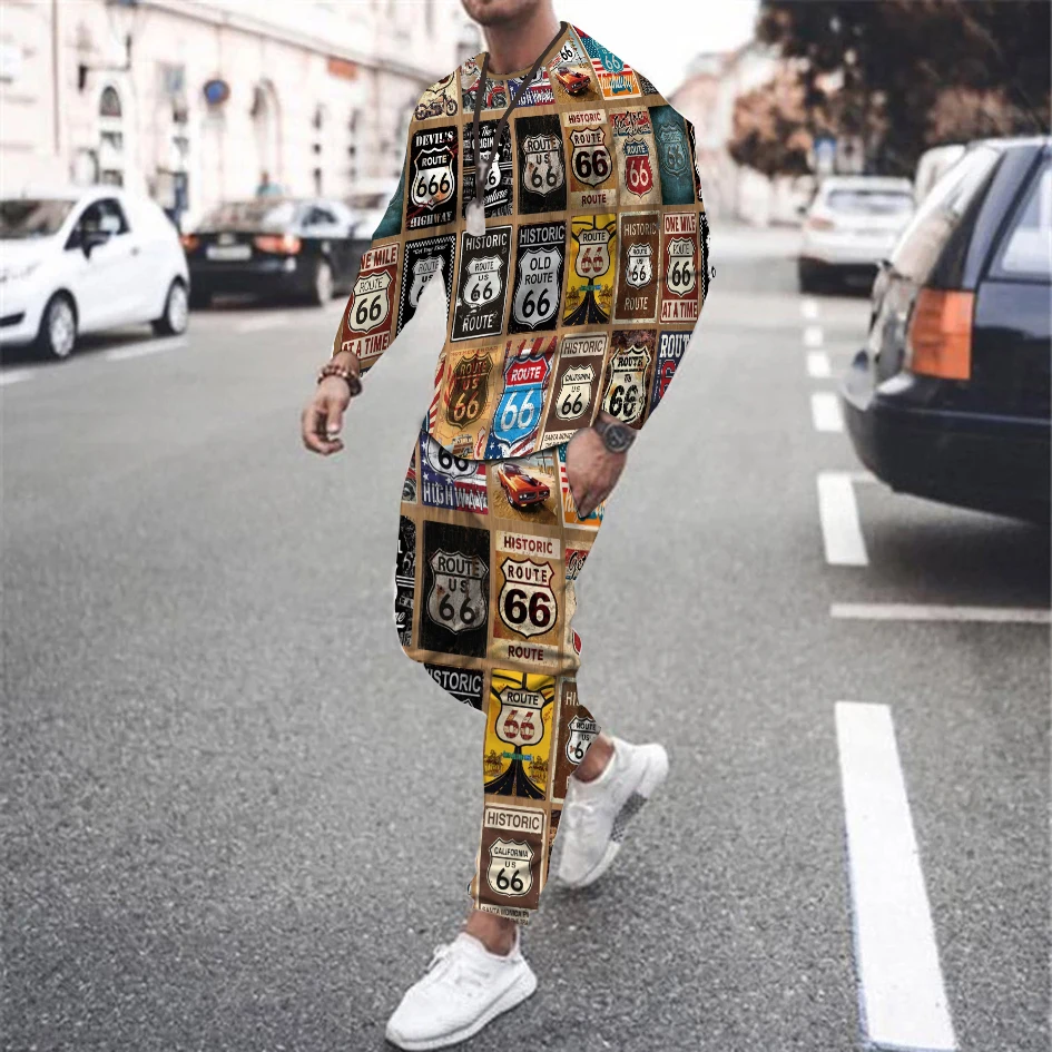 Men's Route 66 Pattern Tracksuit Long Sleeve T-Shirt Trousers Set Male Fashion Suit Oversized Streetwear Clothing Outdoor Outfit