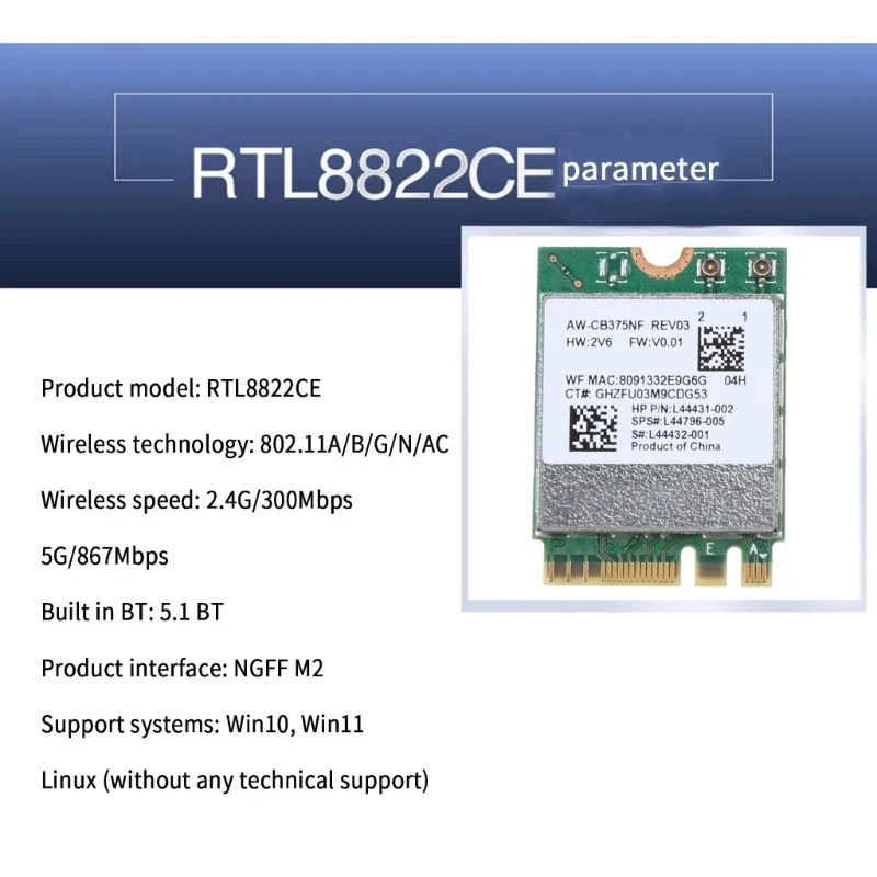 RTL8822CE 5G Dual-band Gigabit Built-in Wireless Network Card 5.1 Bluetooth M.2 1200M