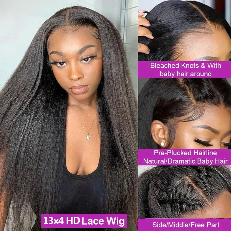 250 Density Kinky Straight Human Hair Wig Glueless Lace Front Wig with Baby Hair Natural Looking for Black Women