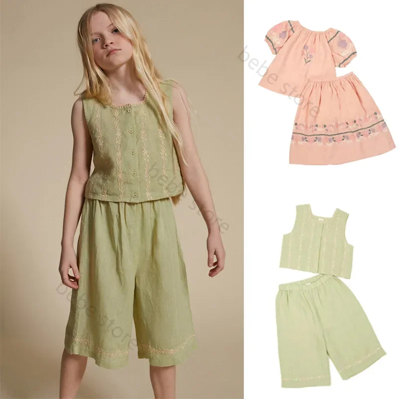 

Bebe Store Kids in stock children's Apolina embroidery set girls' medium and large children's suit short sleeve shorts home wear