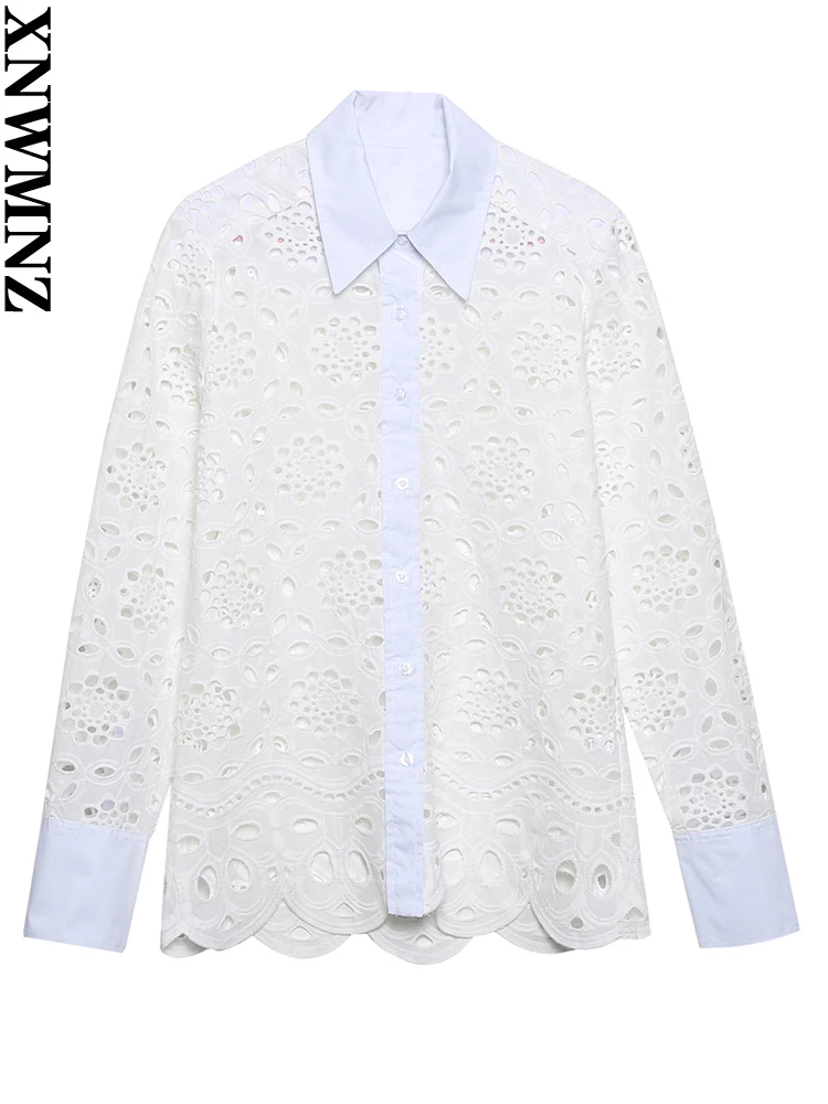 

XNWMNZ New Women White fashion cutwork embroidery shirt women's Lapel long sleeve summer button-up top 2022 blouses
