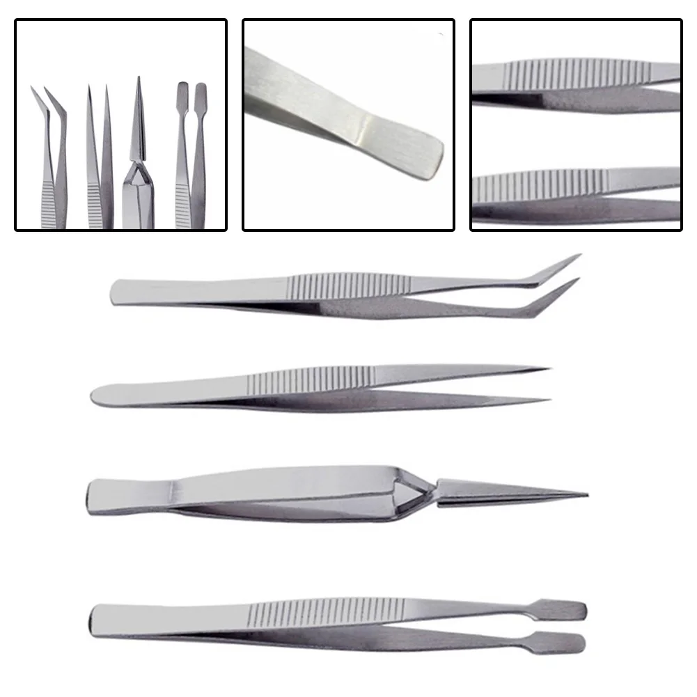 Tweezers Kit Stainless Steel Precision Tweezers Thickened Straight Bent Clip Tool For Electronics Repair Soldering Crafting 4PCS