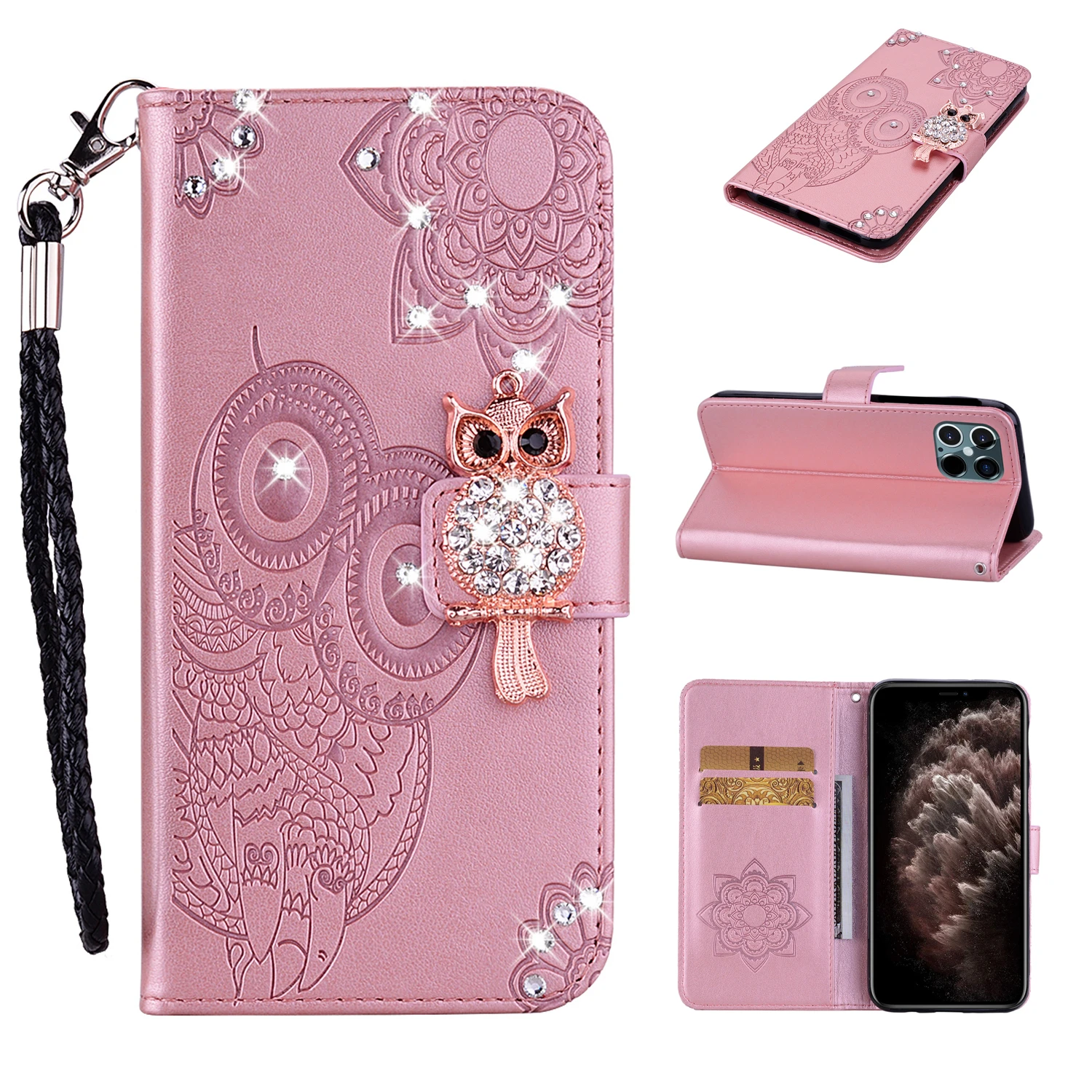 

Bling Leather Wallet Case For iPhone 15 Pro Max 14 13 12 11 3D Owl Flip 12Mini XS XR X 8 7 6 SE 2022 Cards Solt Bag Cute Cover