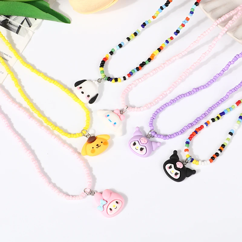 

1Pc Anime Sanrio Figure Rice Bead Necklace Kuromi Melody Cinnamoroll Kawaii Neckchain Women Girl Party Birthday Jewelry Gift