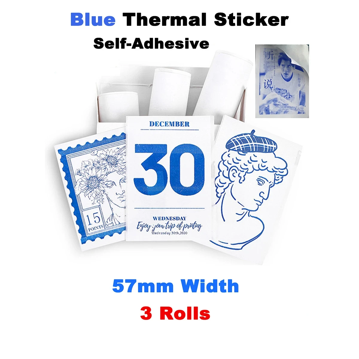 Thermal Paper 3 Rolls Sticky Blue on White 57mm for Journal Photo Texts Study Notes Helloween Christmas Memo List Printing