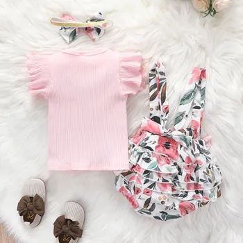 Newborn Baby Girl Clothes Set Summer Flroal Short Sleeve Romper Flower Headband 3pcs Outfit Infant Clothing Toddler Overalls Set 4