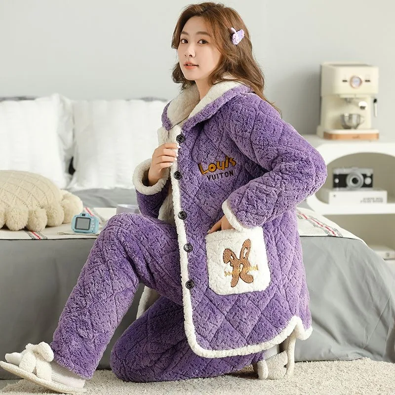 2024 new Sleepwear Women's Autumn Winter Thickened Triple Layer Cotton Cladding Coral Fleece Flannel Velvet Zipper Homewear Set